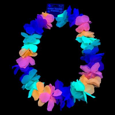 Collier Hawaïen à fleurs multicolores fluo néon 80mm