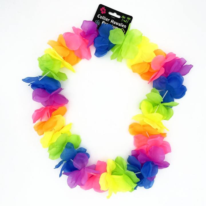 Collier Hawaïen à fleurs multicolores fluo néon 80mm